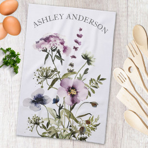 Purple Wildflower Bouquet Watercolor Floral Kitchen Towel