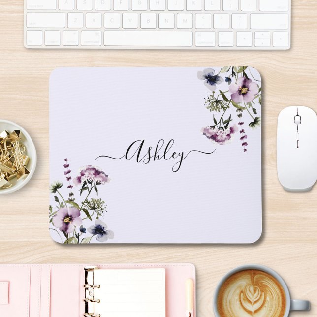 Purple Wildflower Bouquet Watercolor Floral Mouse Pad (In situ)