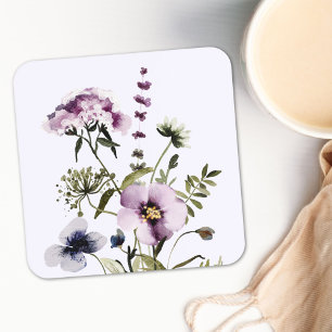 Purple Wildflower Bouquet Watercolor Floral Square Paper Coaster