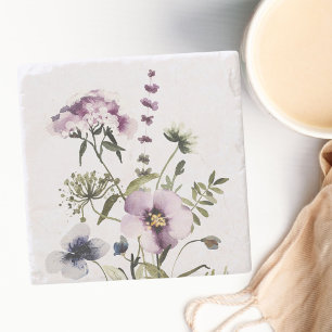 Purple Wildflower Bouquet Watercolor Floral Stone Coaster