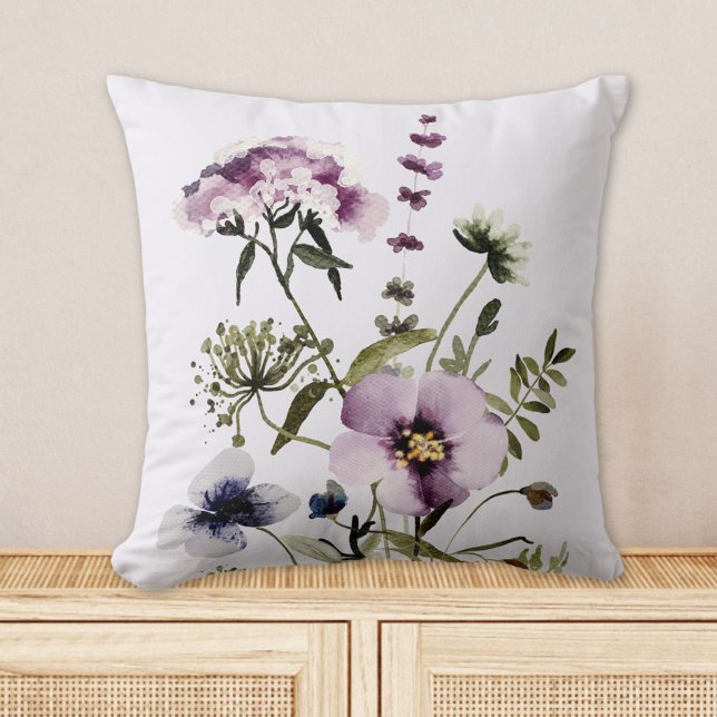 Purple Wildflower Bouquet Watercolor Floral Throw Pillow (In situ)