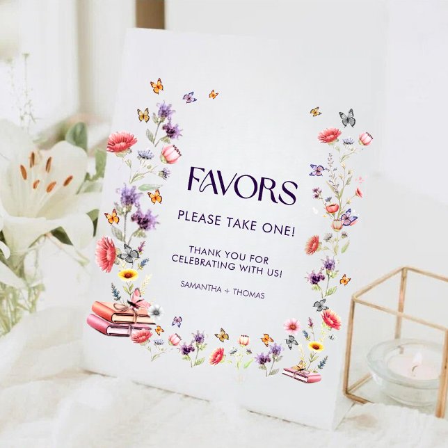 Purple Wildflower Bridal Shower Favor Pedestal Sign (Purple wildflower bridal shower favor sign — elegant watercolor florals with storybook charm.)