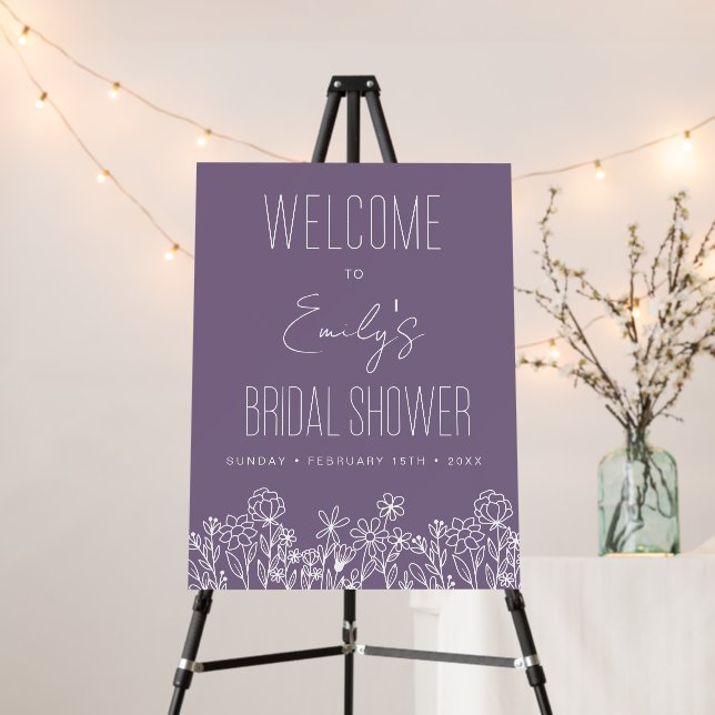 Purple Wildflower Bridal Shower Welcome Sign (In Situ (Stand))