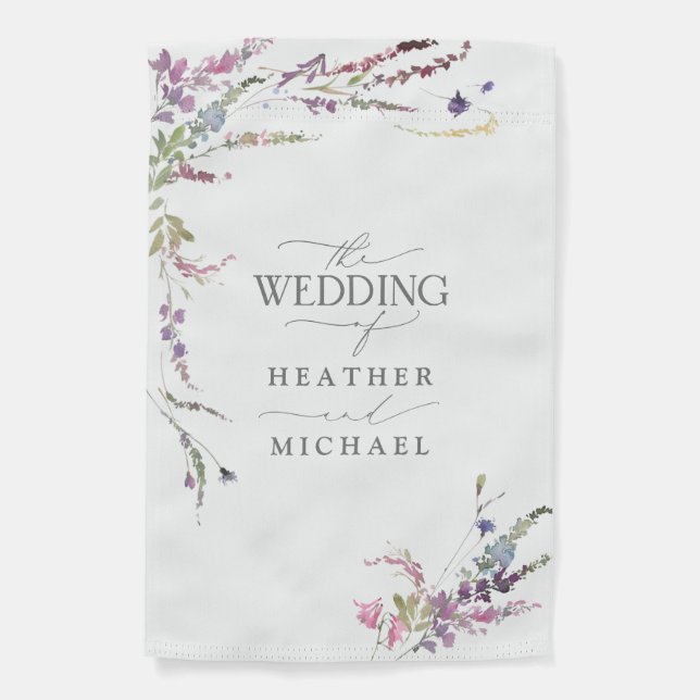 Purple Wildflower Calligraphy Wedding Garden Flag (Front)