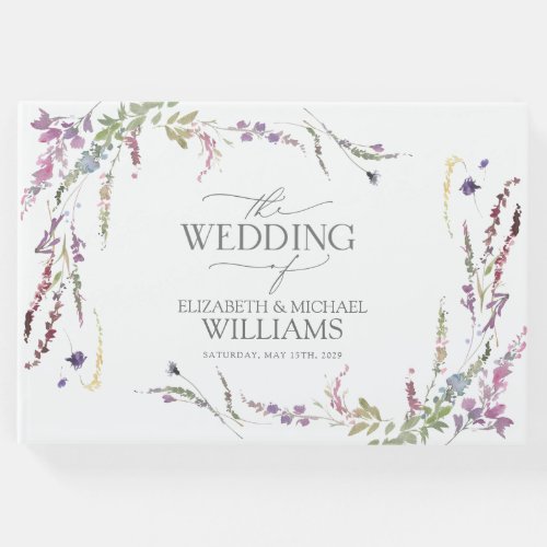 Purple Wildflower Calligraphy Wedding Guest Book