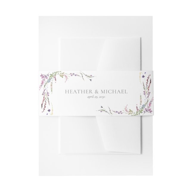 Purple Wildflower Calligraphy Wedding Invitation Belly Band (Front Example)