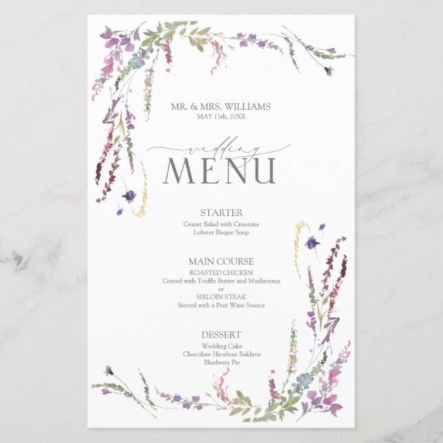 Purple Wildflower Calligraphy Wedding Menu (Front)