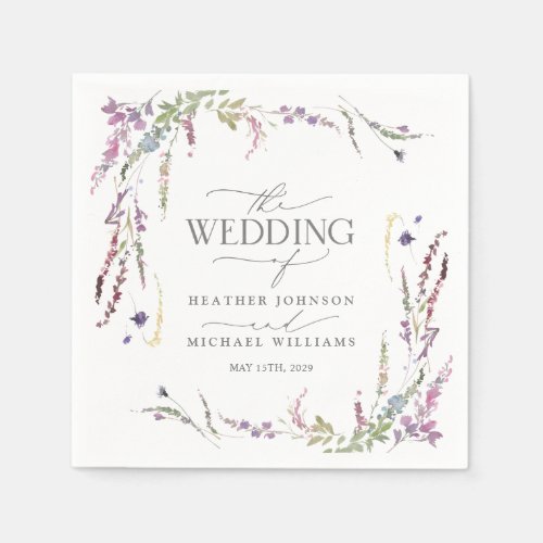 Purple Wildflower Calligraphy Wedding Napkins