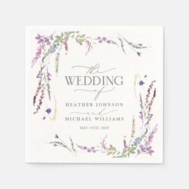 Purple Wildflower Calligraphy Wedding Napkins (Front)