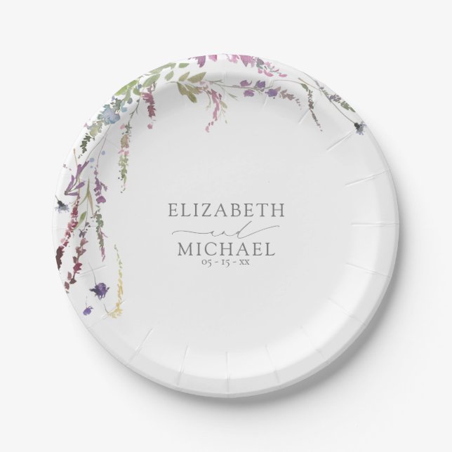 Purple Wildflower Calligraphy Wedding Paper Plates (Front)