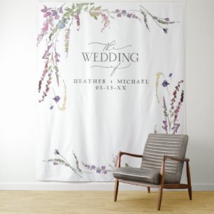 Purple Wildflower Calligraphy Wedding Photo Tapestry