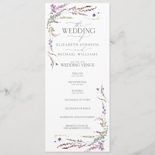Purple Wildflower Calligraphy Wedding Program (Front)