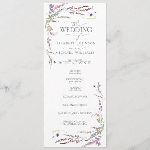 Purple Wildflower Calligraphy Wedding Program