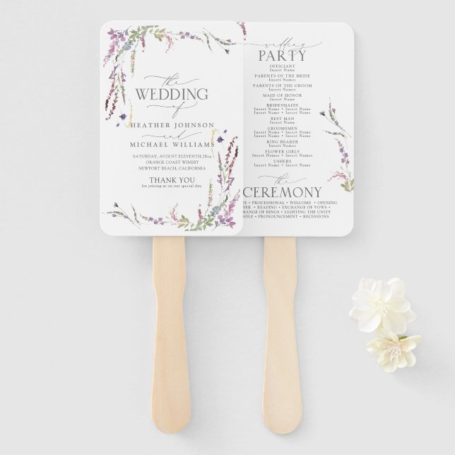 Purple Wildflower Calligraphy Wedding Program  Hand Fan (Front and Back)