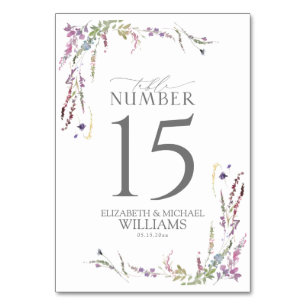 Purple Wildflower Calligraphy Wedding Table Number