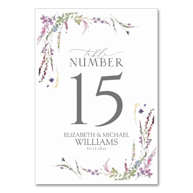 Purple Wildflower Calligraphy Wedding Table Number (Front)