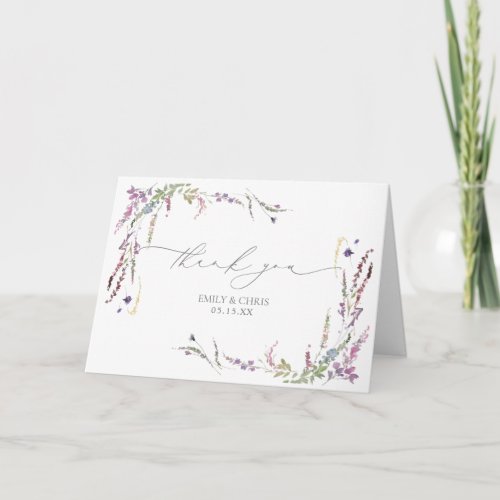 Purple Wildflower Calligraphy Wedding Thank You Card