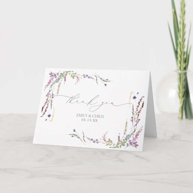 Purple Wildflower Calligraphy Wedding Thank You Card (Front)