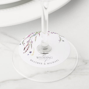 Purple Wildflower Calligraphy Wedding Wine Glass Tag