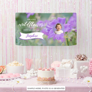 Purple Wildflower Custom Baby Photo Happy Birthday Banner