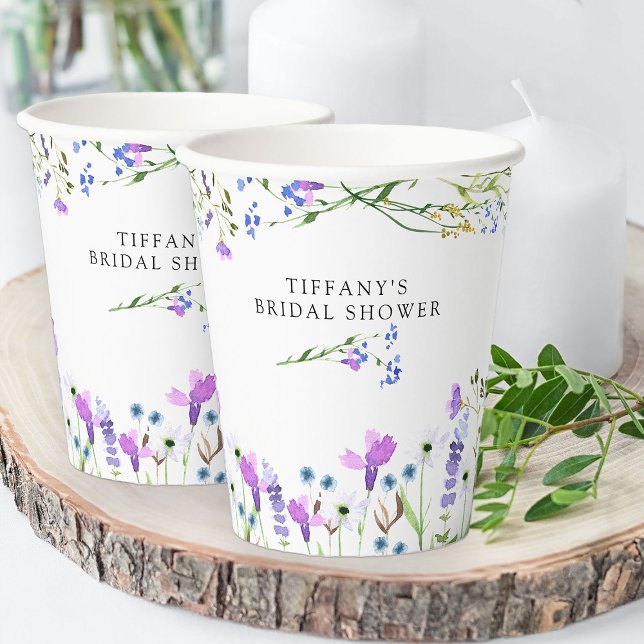 Purple Wildflower Delicate Floral Bridal Shower Paper Cups (Pretty floral paper cups from my Purple Wildflower Bridal Shower collection)