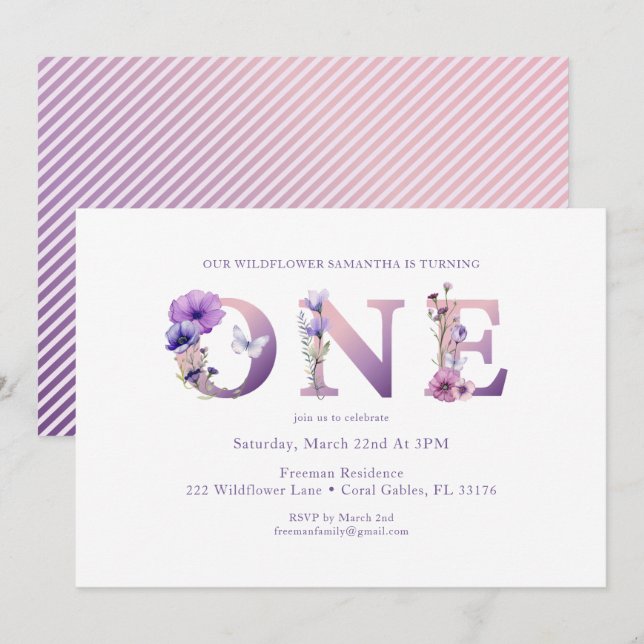 Purple Wildflower First Birthday ONE Invite (Front/Back)