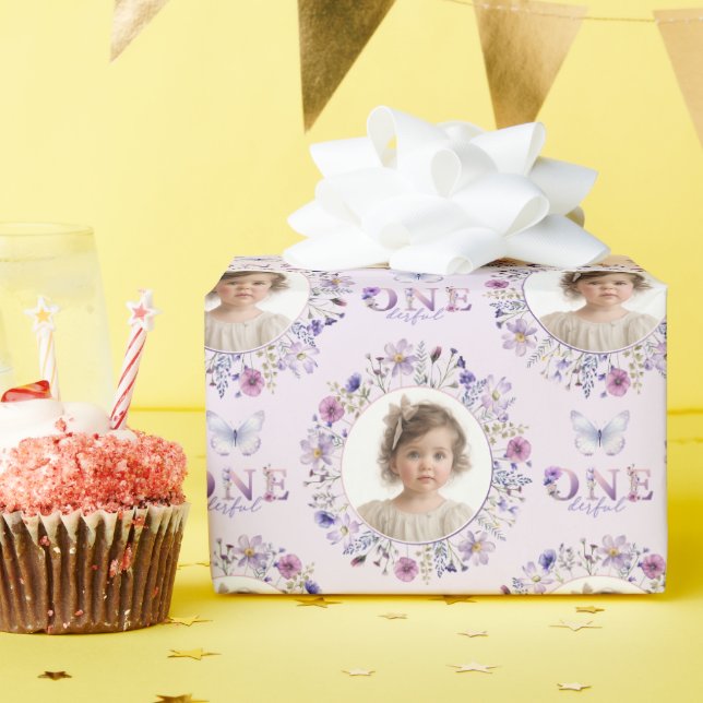 Purple Wildflower First Birthday Photo Gift Wrap (Birthday Party)