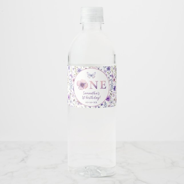 Purple Wildflower First Birthday Water Bottle  Label (Front)
