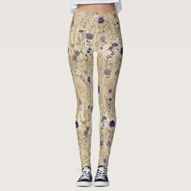 Purple wildflower Floral Pattern Leggings (Front)