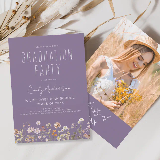 Purple Wildflower Graduation Party Boho Bloom Invitation | Zazzle