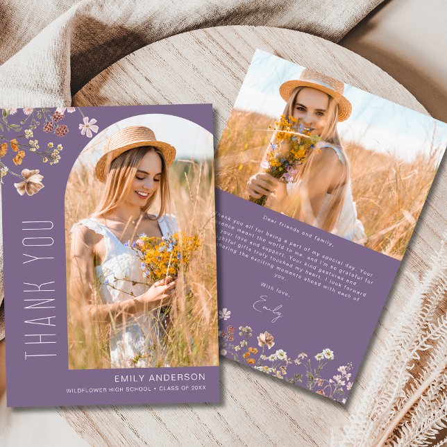 Purple Wildflower Graduation Photo Thank You Card (Creator Uploaded)