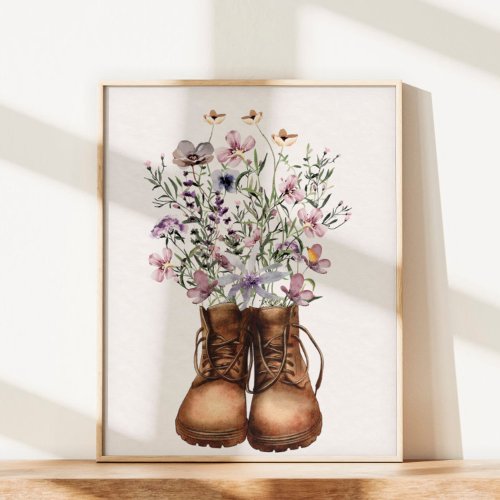 Purple Wildflower Hiking Boots Outdoor  Poster