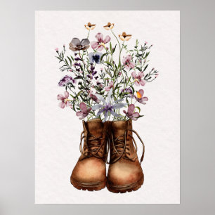 Purple Wildflower Hiking Boots Outdoor  Poster