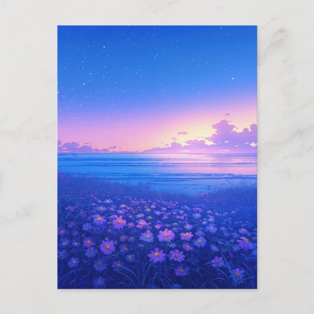 Purple Wildflower Meadow and Starry Sea Postcard (Front)