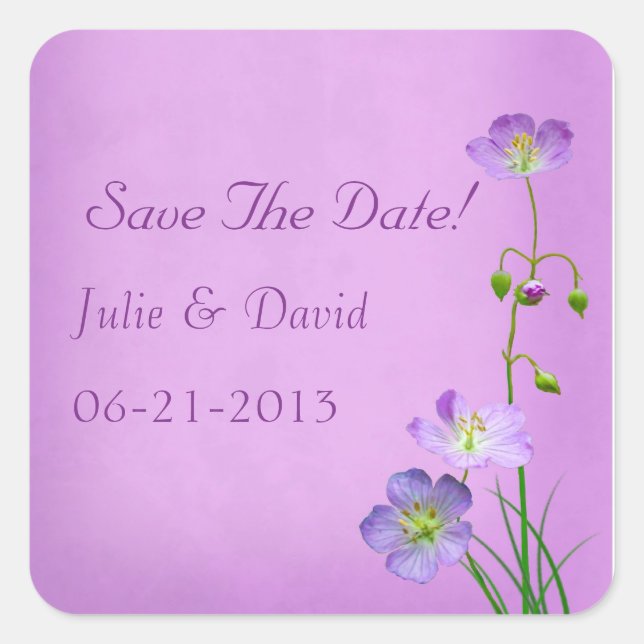 Purple Wildflower on Purple Save The Date Square Sticker (Front)