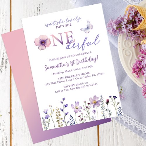 Purple Wildflower Onederful First Birthday Invitation