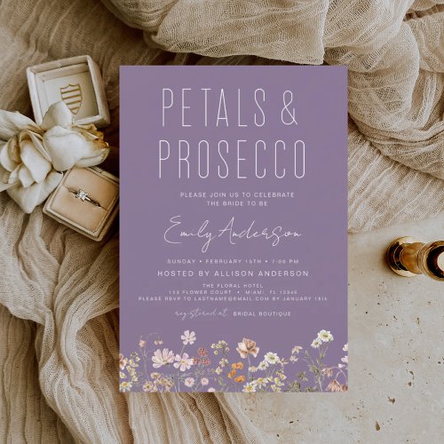Purple Wildflower Petals  Prosecco Bridal Shower  Invitation