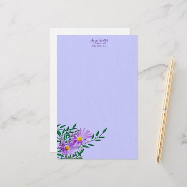 Purple Wildflower Photo Corner Border Personalized Stationery (Front/Back In Situ)