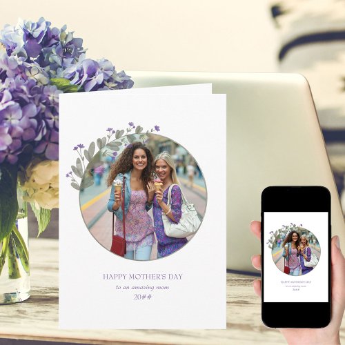 Purple Wildflower Photo Frame Happy Mothers Day Card