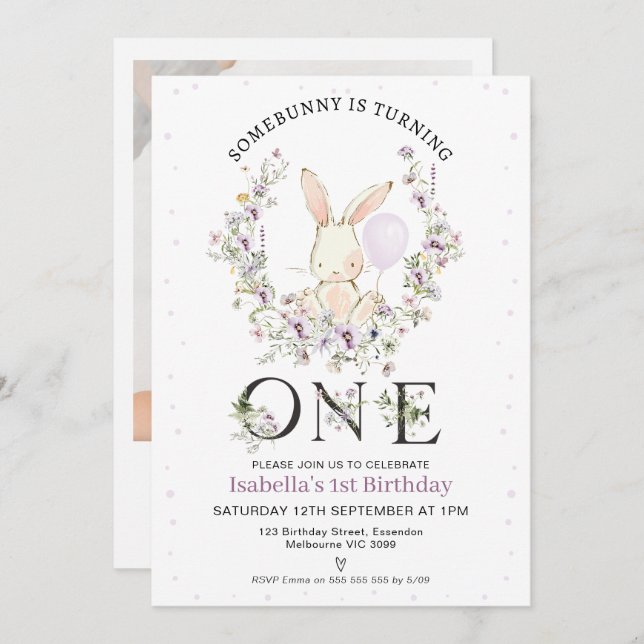Purple Wildflower Photo Some Bunny 1st Birthday Invitation (Front/Back)