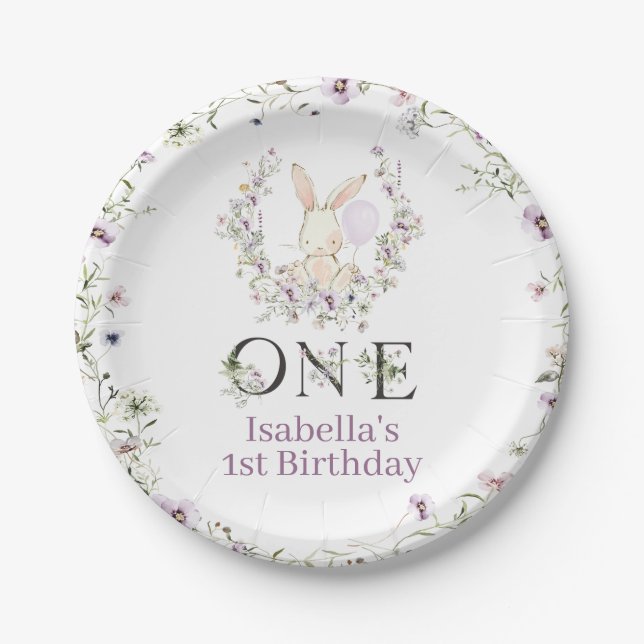 Purple Wildflower Photo Some Bunny 1st Birthday Paper Plates (Front)