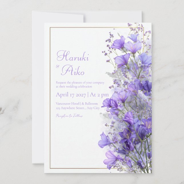 Purple Wildflower Romantic Gold Line Frame Wedding Invitation (Front)