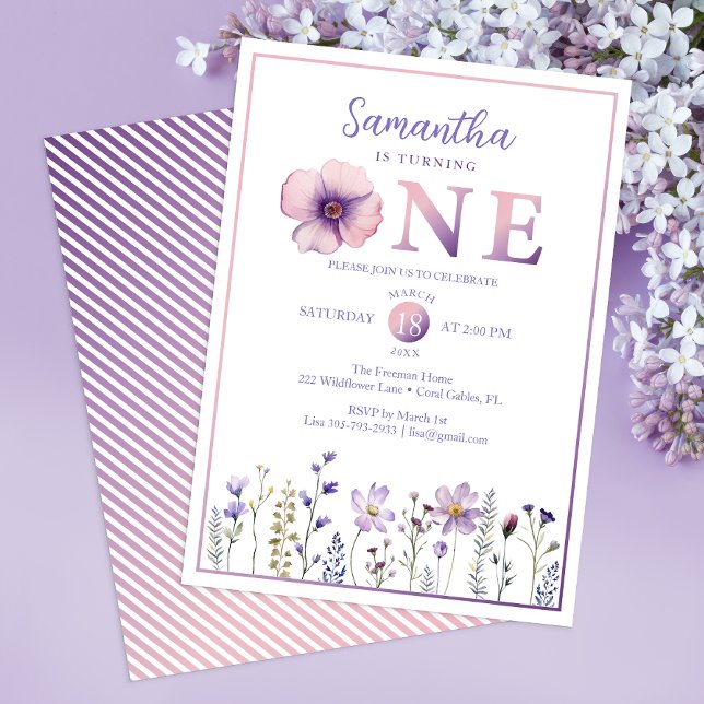 Purple Wildflower She Is Turning One Invitation (Floral First Birthday Party Invitation)