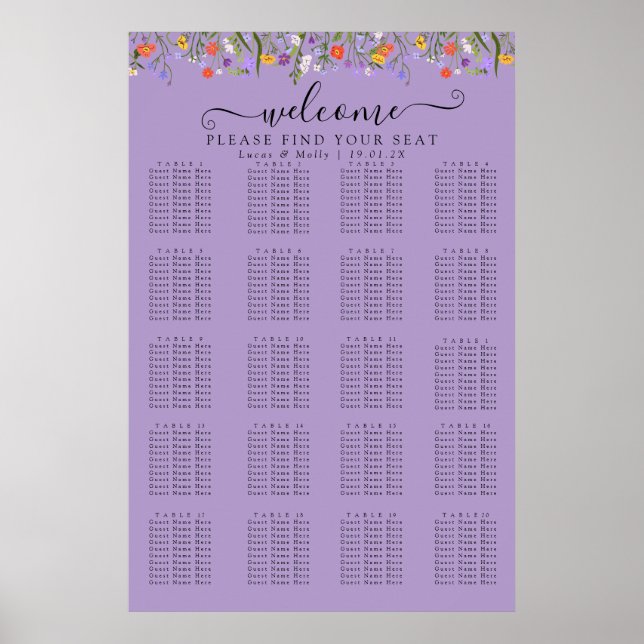 Purple Wildflower Summer Floral Seating Chart (Front)