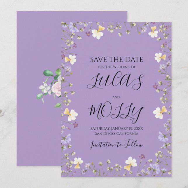 Purple Wildflower Summer Floral Wedding Save The Date (Front/Back)
