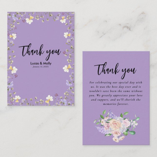 Purple Wildflower Summer Floral Wedding Thank you Note Card (Front/Back)