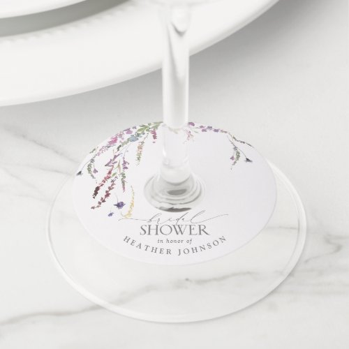 Purple Wildflower Watercolor Floral Bridal Shower  Wine Glass Tag