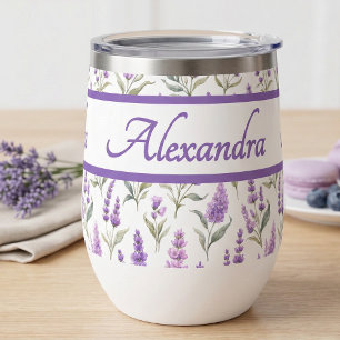 Purple Wildflower Watercolor Monogram Name Thermal Wine Tumbler