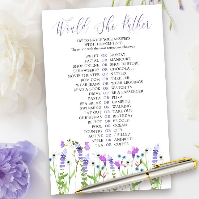 Purple Wildflower Would She Rather Shower Game (Would she Rather Game Card from my Purple Wildflower Collection.)