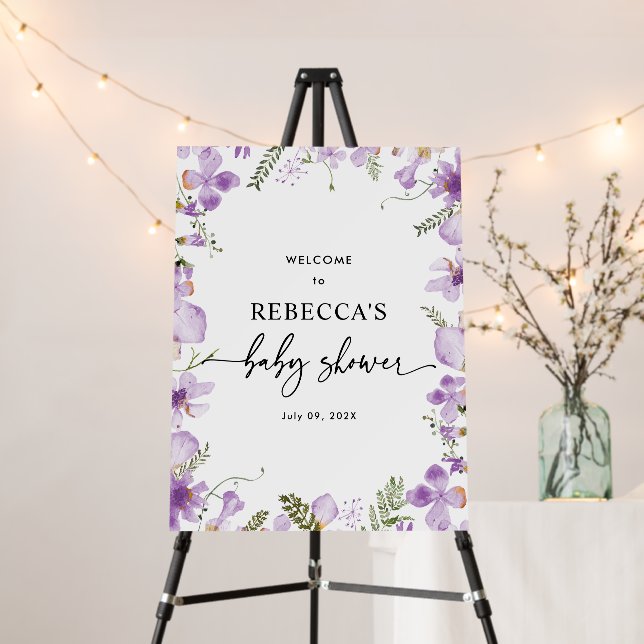 Purple Wildflowers Baby Shower Welcome Sign (In Situ (Stand))